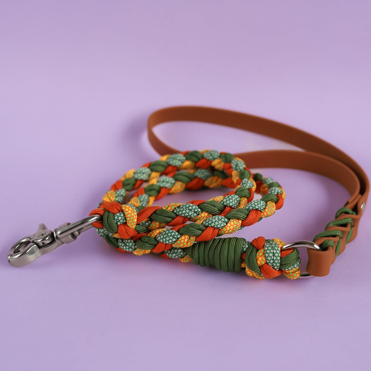 Braided paracord leash with Biothane handle - Maple